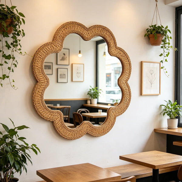 Woven Rattan Face & Scalloped Shape Mirror