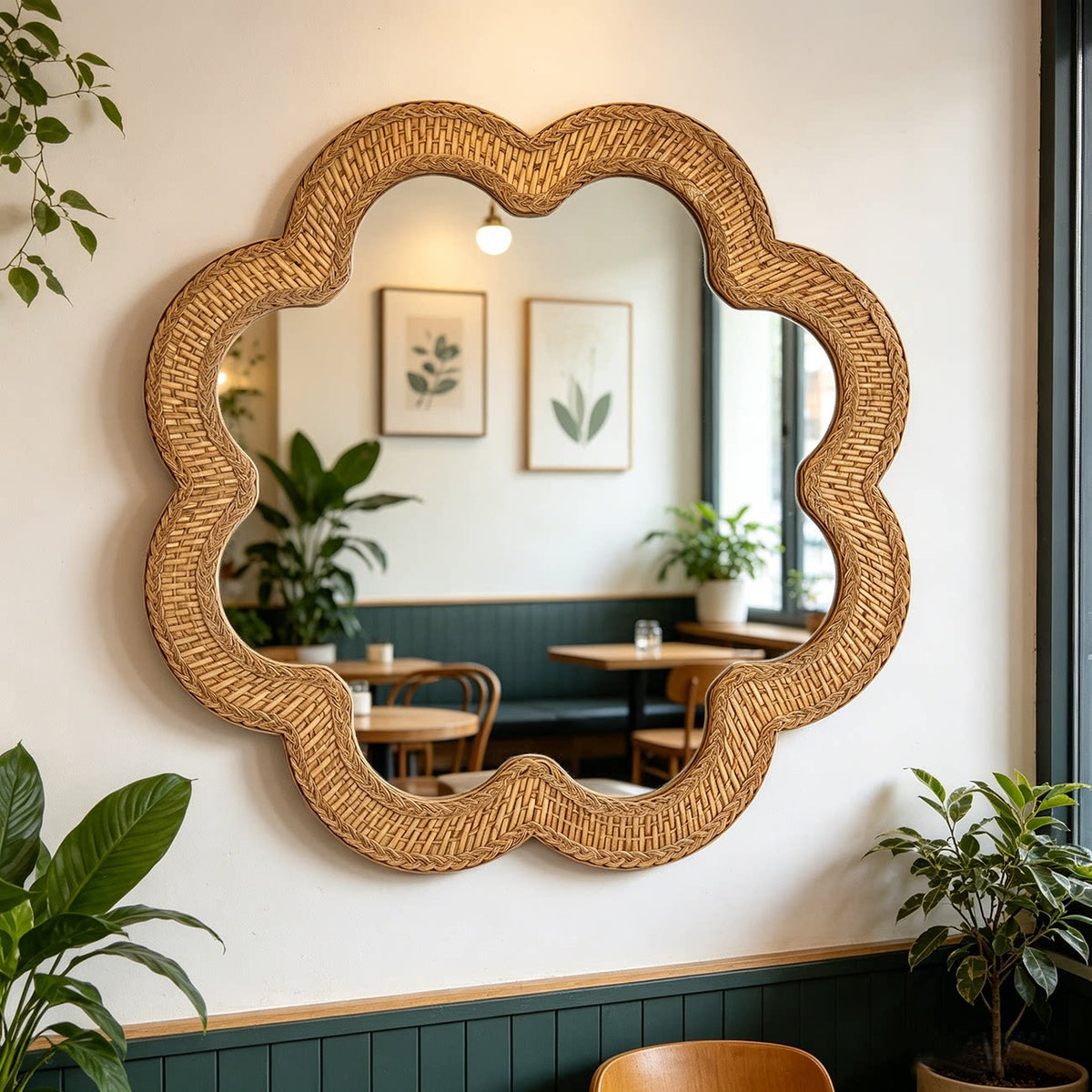 Woven Rattan Face & Scalloped Shape Mirror