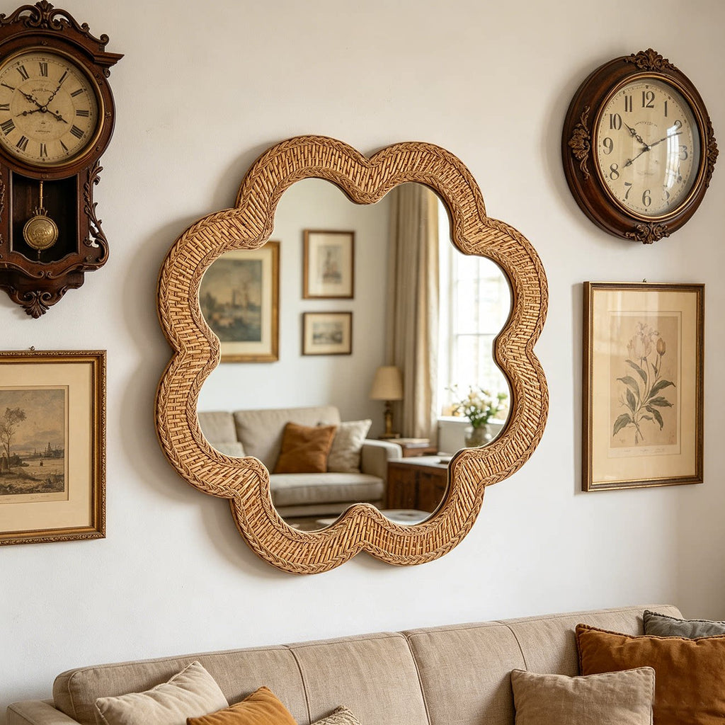 Woven Rattan Face & Scalloped Shape Mirror