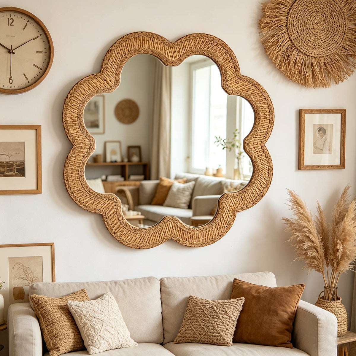 Woven Rattan Face & Scalloped Shape Mirror Main image