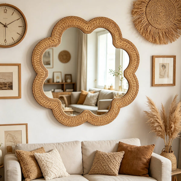 Woven Rattan Face & Scalloped Shape Mirror