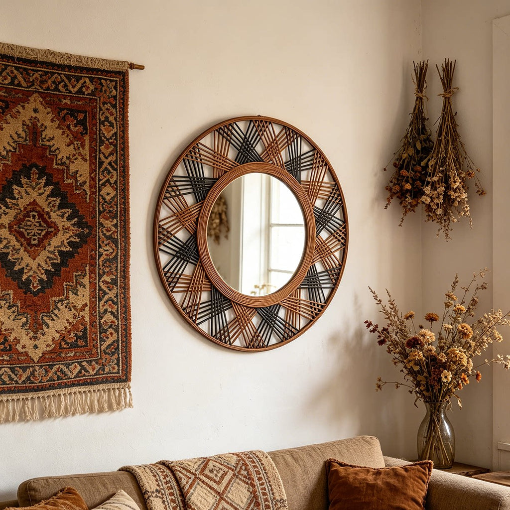 Natural Wood Two-Tone Hand-Woven Round Decorative Mirror