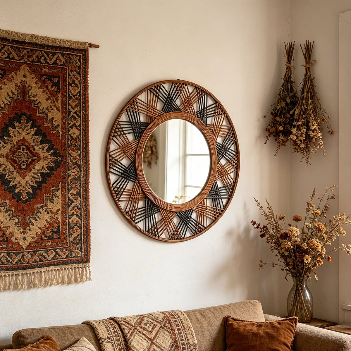 Natural Wood Two-Tone Hand-Woven Round Decorative Mirror