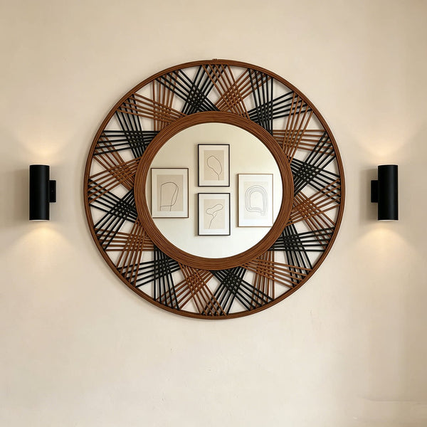 Natural Wood Two-Tone Hand-Woven Round Decorative Mirror