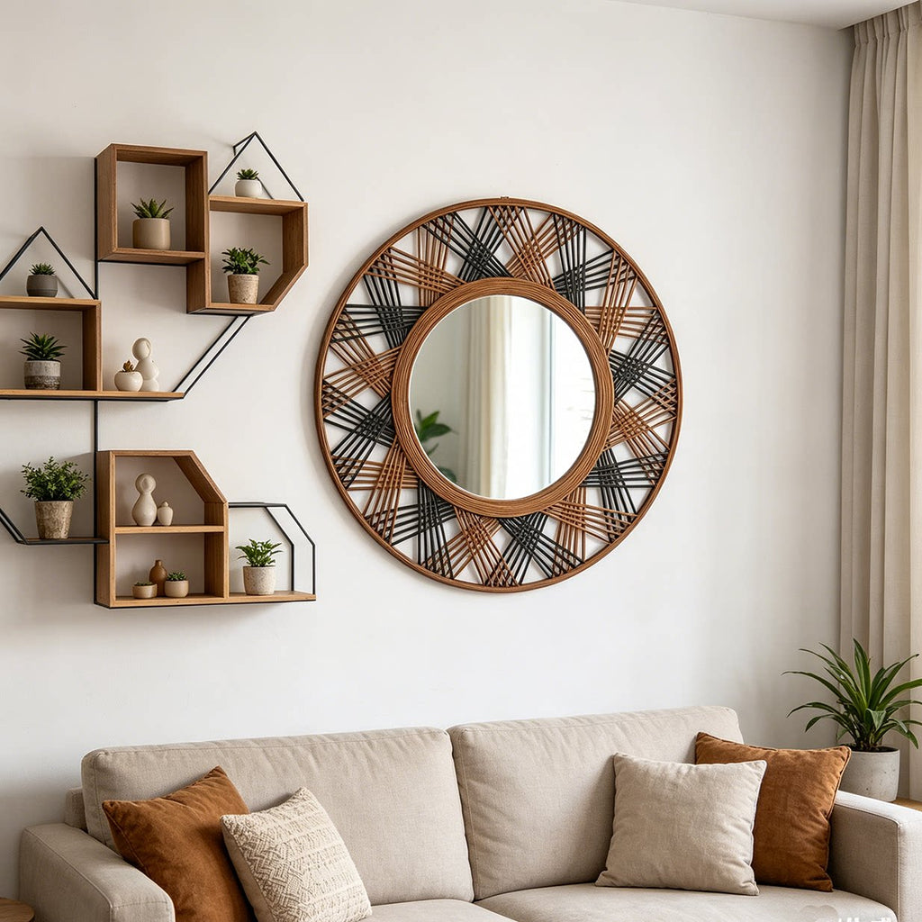 Natural Wood Two-Tone Hand-Woven Round Decorative Mirror