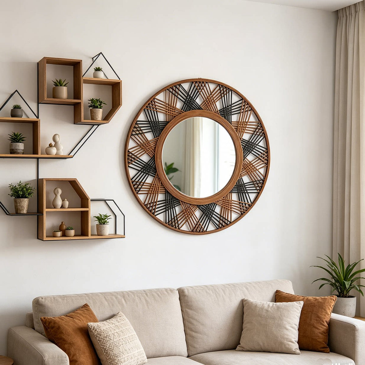 Natural Wood Two-Tone Hand-Woven Round Decorative Mirror