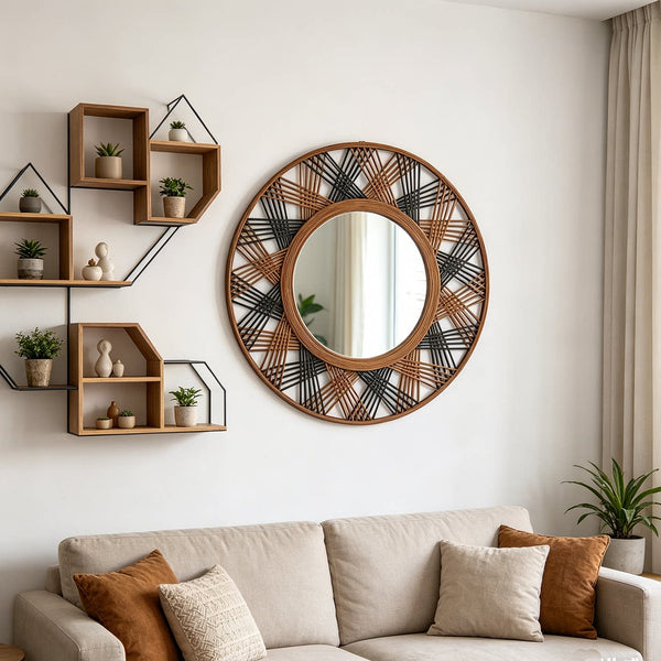 Natural Wood Two-Tone Hand-Woven Round Decorative Mirror