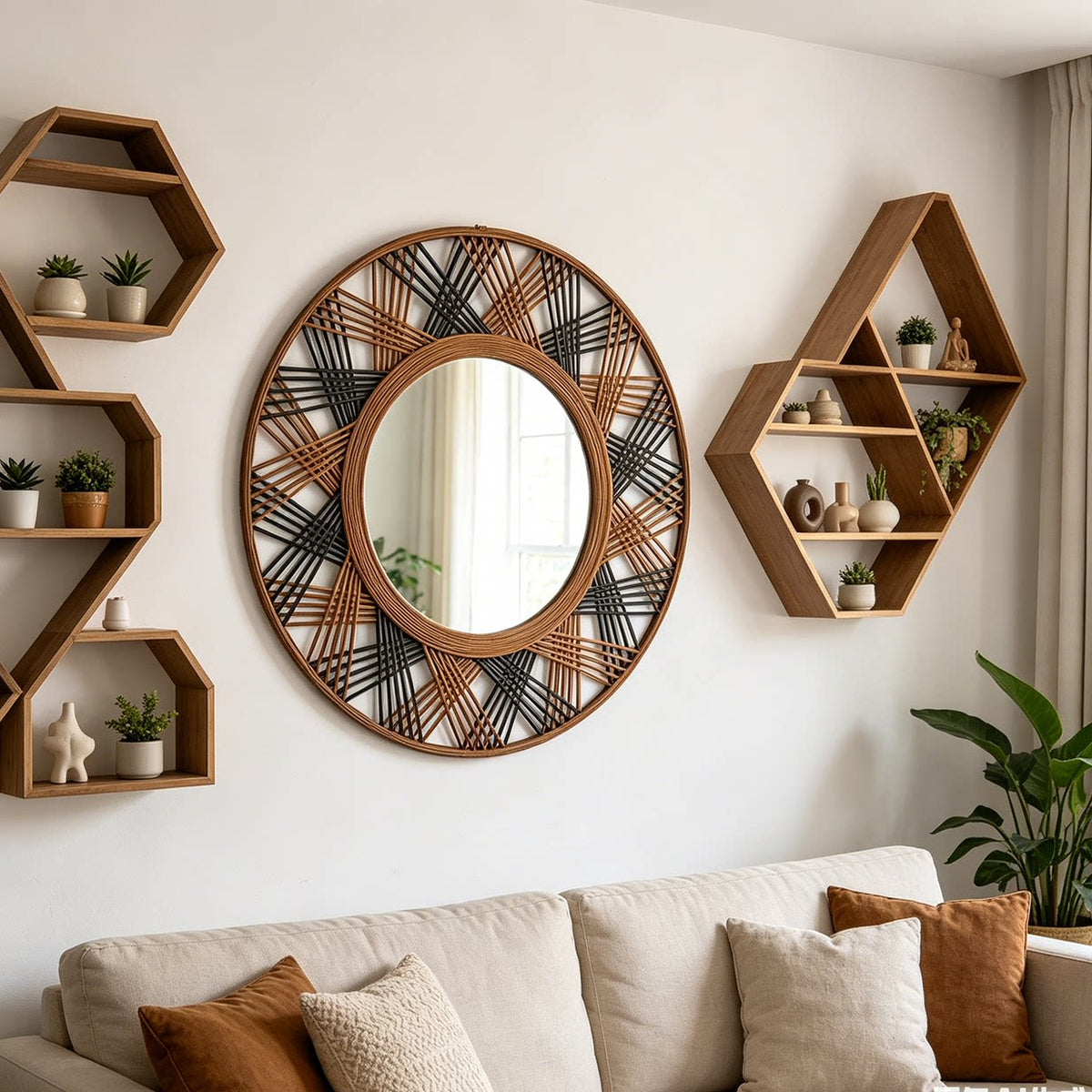 Natural Wood Two-Tone Hand-Woven Round Decorative Mirror