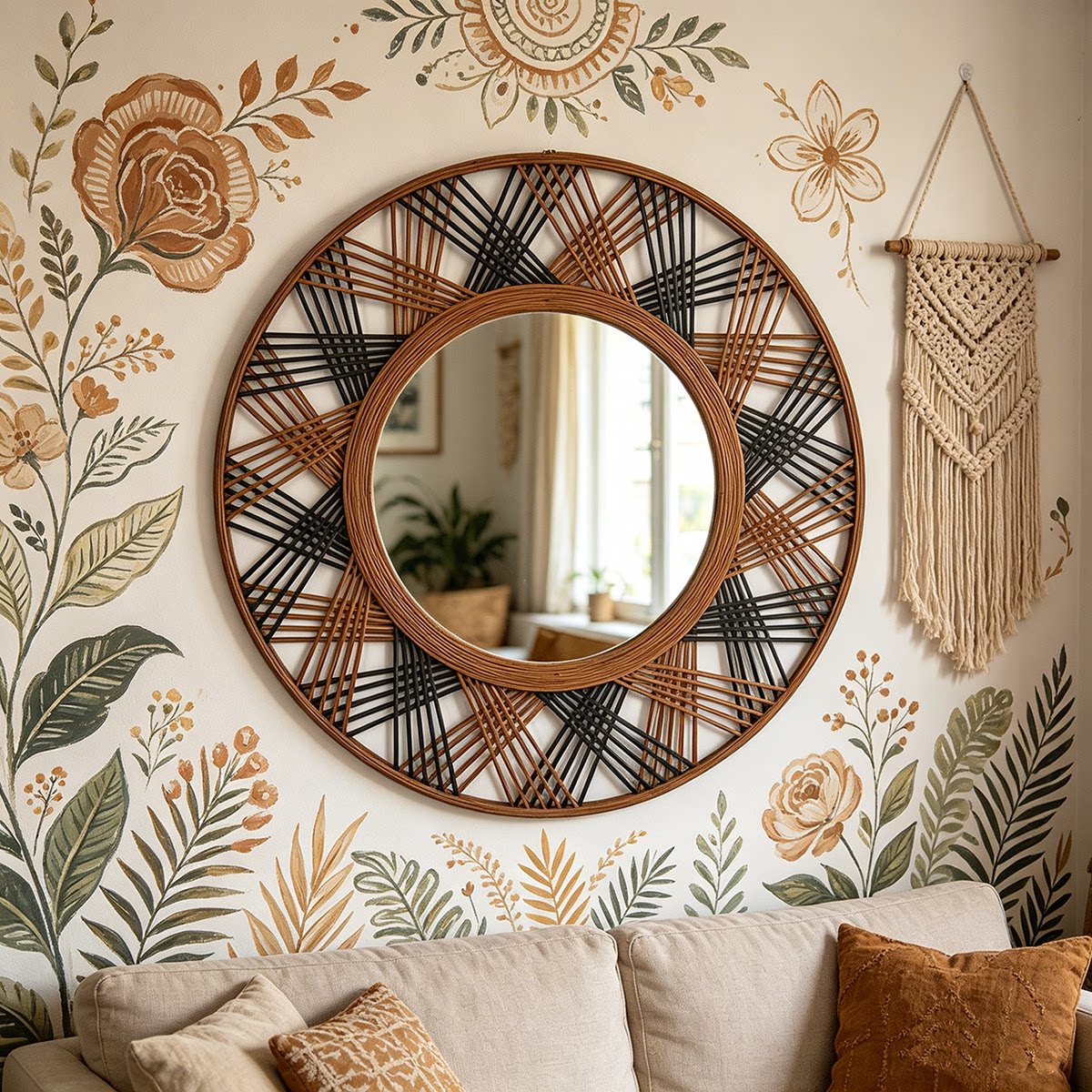 Natural Wood Two-Tone Hand-Woven Round Decorative Mirror Main image