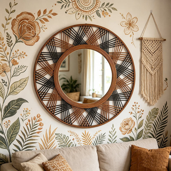 Natural Wood Two-Tone Hand-Woven Round Decorative Mirror