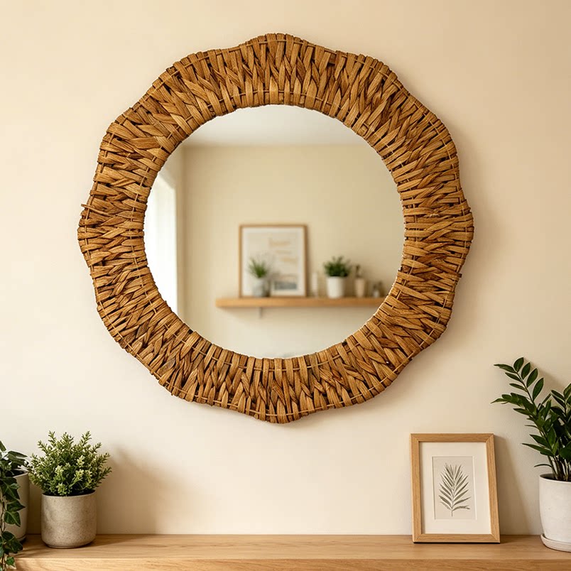 Forest-Style Round Woven Straw Wall Mirror