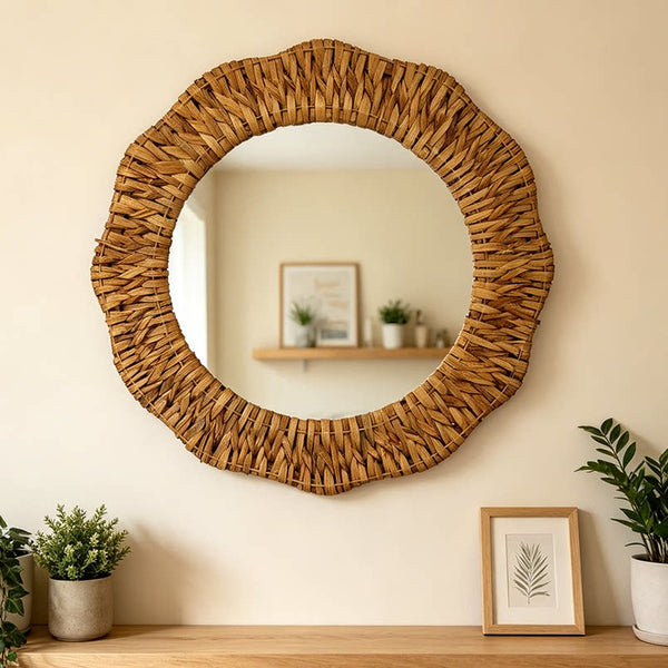 Forest-Style Round Woven Straw Wall Mirror