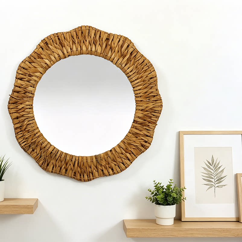 Forest-Style Round Woven Straw Wall Mirror