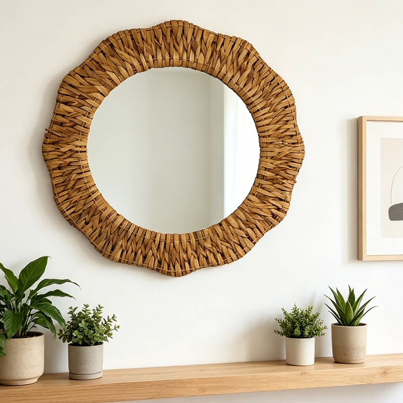 Forest-Style Round Woven Straw Wall Mirror