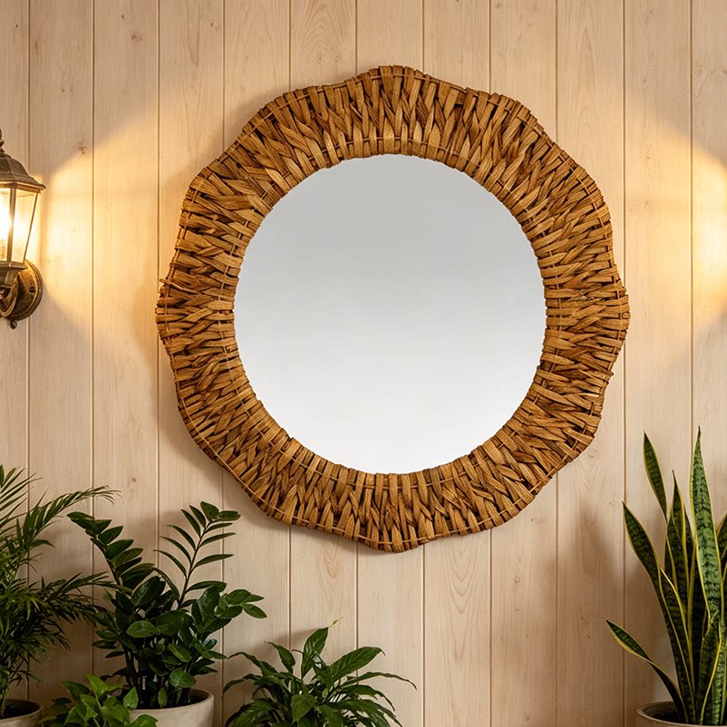 Forest-Style Round Woven Straw Wall Mirror