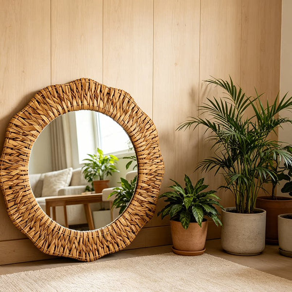 Forest-Style Round Woven Straw Wall Mirror