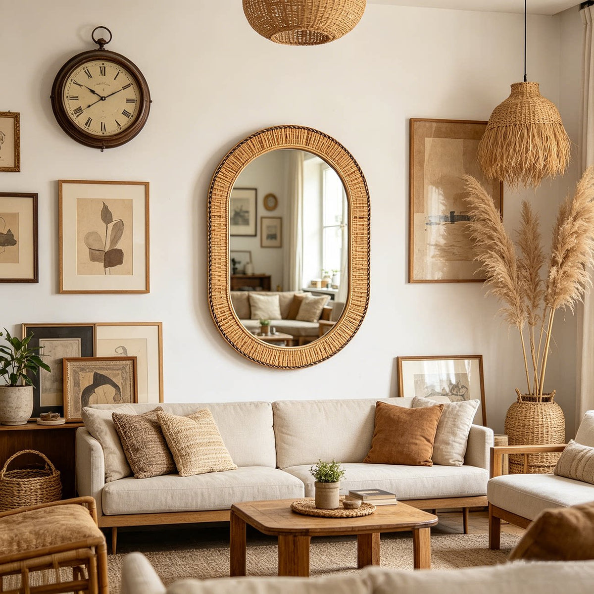 Handmade Bamboo Woven Oval Decorative Wall Mirror Main image
