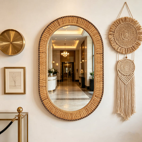 Handmade Bamboo Woven Oval Decorative Wall Mirror