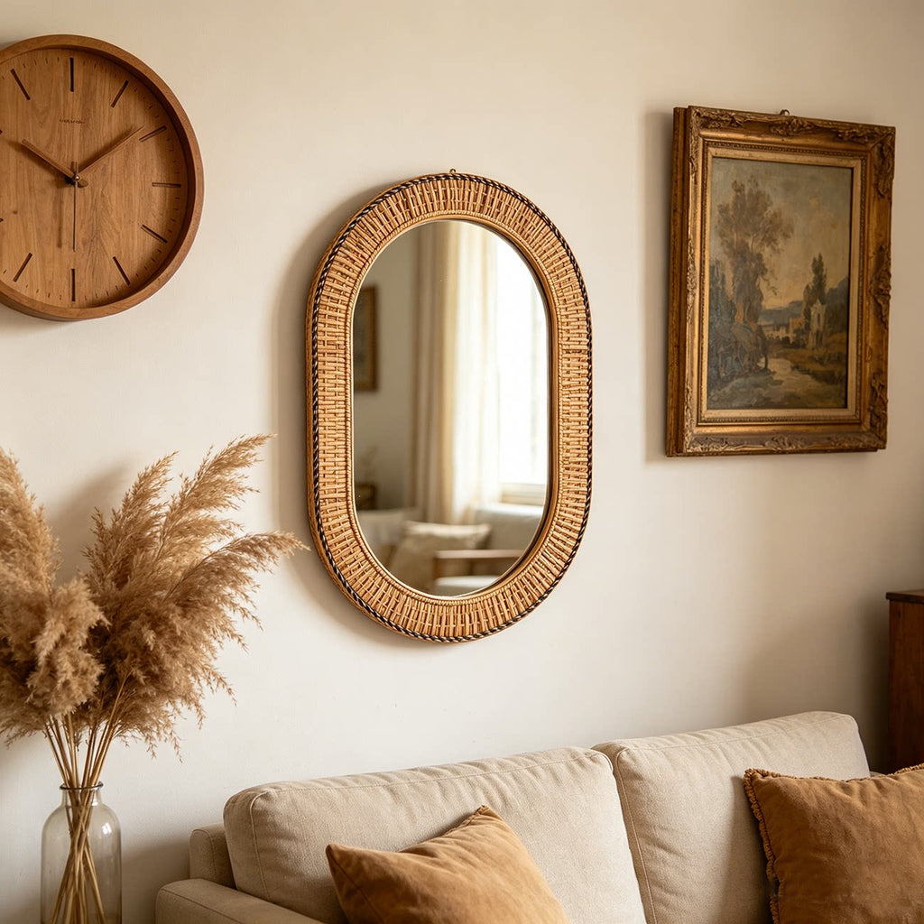 Handmade Bamboo Woven Oval Decorative Wall Mirror