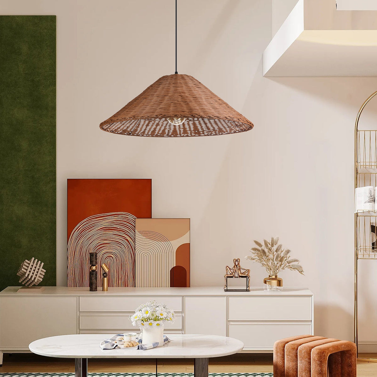 Hand-Woven Rattan Umbrella Pendant Light Farmhouse Retro Chandelier