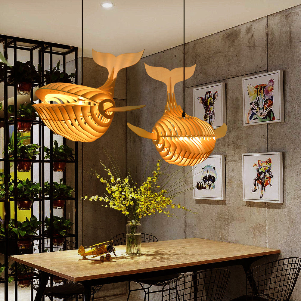 Handmade Wooden Whale Pendant Light Coastal Kitchen & Bedroom Chandelier