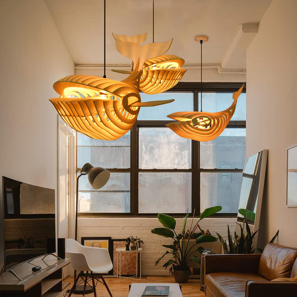 Handmade Wooden Whale Pendant Light Coastal Kitchen & Bedroom Chandelier