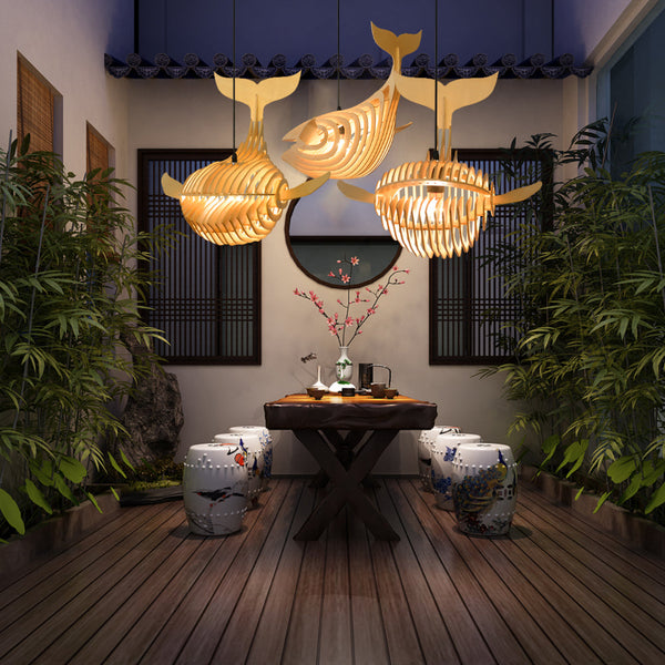 Handmade Wooden Whale Pendant Light Coastal Kitchen & Bedroom Chandelier