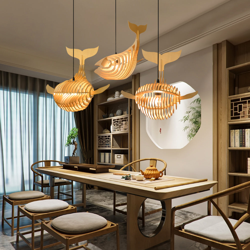 Handmade Wooden Whale Pendant Light Coastal Kitchen & Bedroom Chandelier