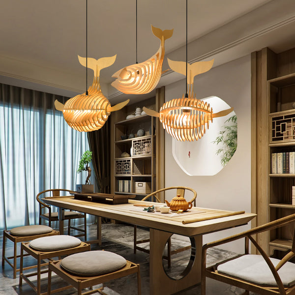 Handmade Wooden Whale Pendant Light Coastal Kitchen & Bedroom Chandelier