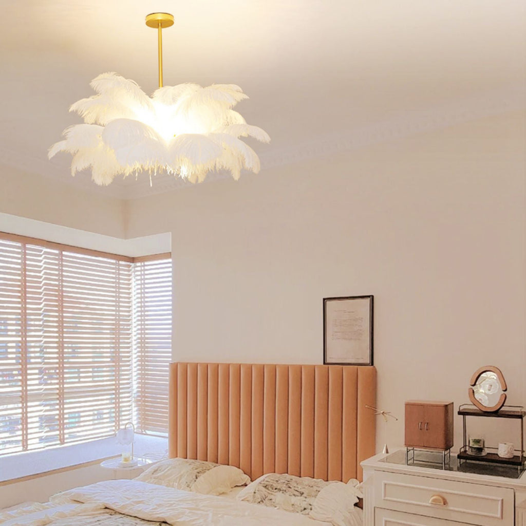 White Feather Chandelier Modern Brass LED Pendant Light