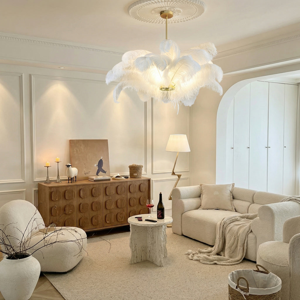 White Feather Chandelier Modern Brass LED Pendant Light