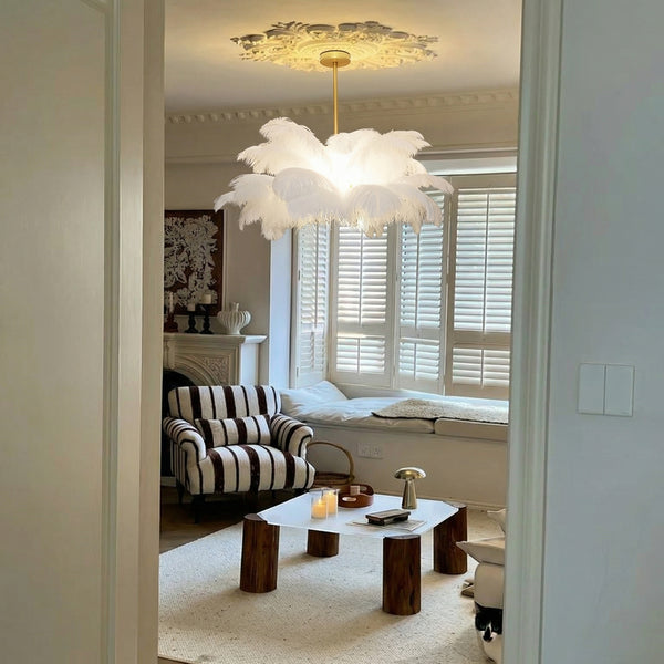 White Feather Chandelier Modern Brass LED Pendant Light
