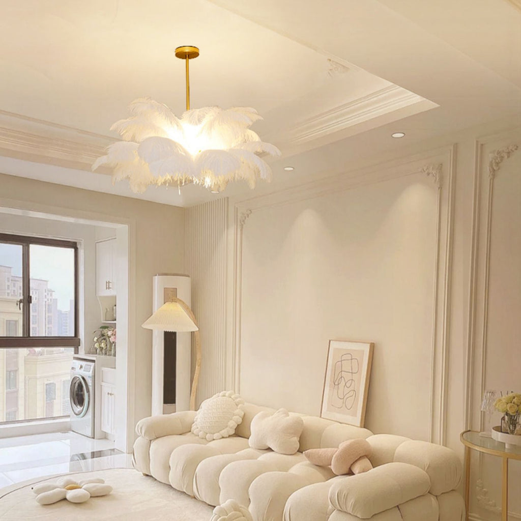 White Feather Chandelier Modern Brass LED Pendant Light