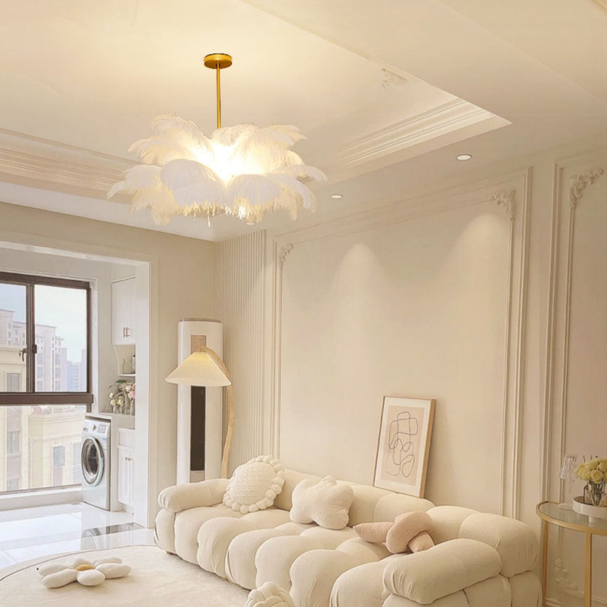 White Feather Chandelier Modern Brass LED Pendant Light