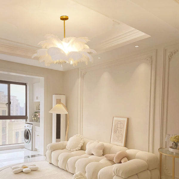 White Feather Chandelier Modern Brass LED Pendant Light