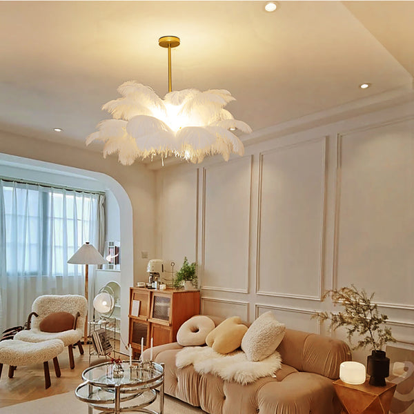 White Feather Chandelier Modern Brass LED Pendant Light