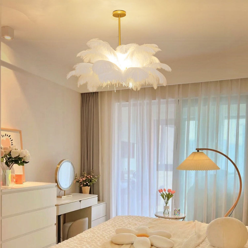 White Feather Chandelier Modern Brass LED Pendant Light