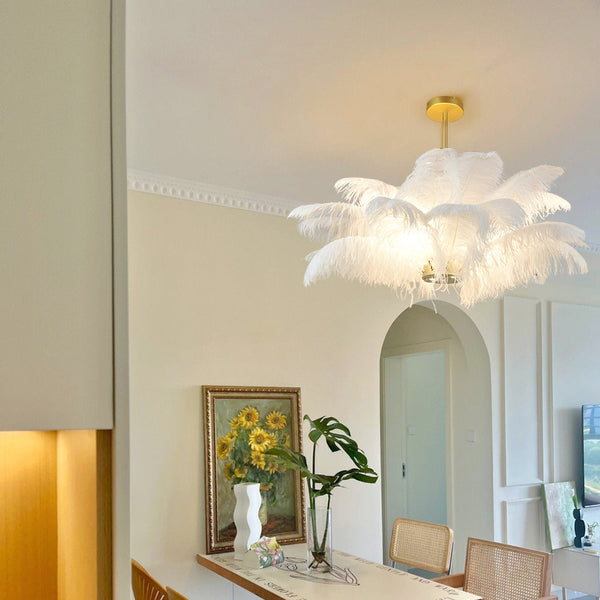 White Feather Chandelier Modern Brass LED Pendant Light