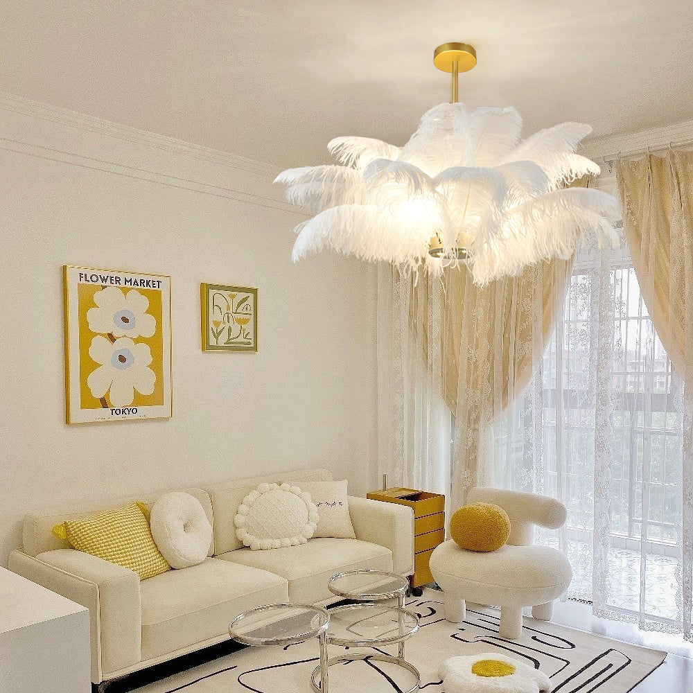 White Feather Chandelier Modern Brass LED Pendant Light