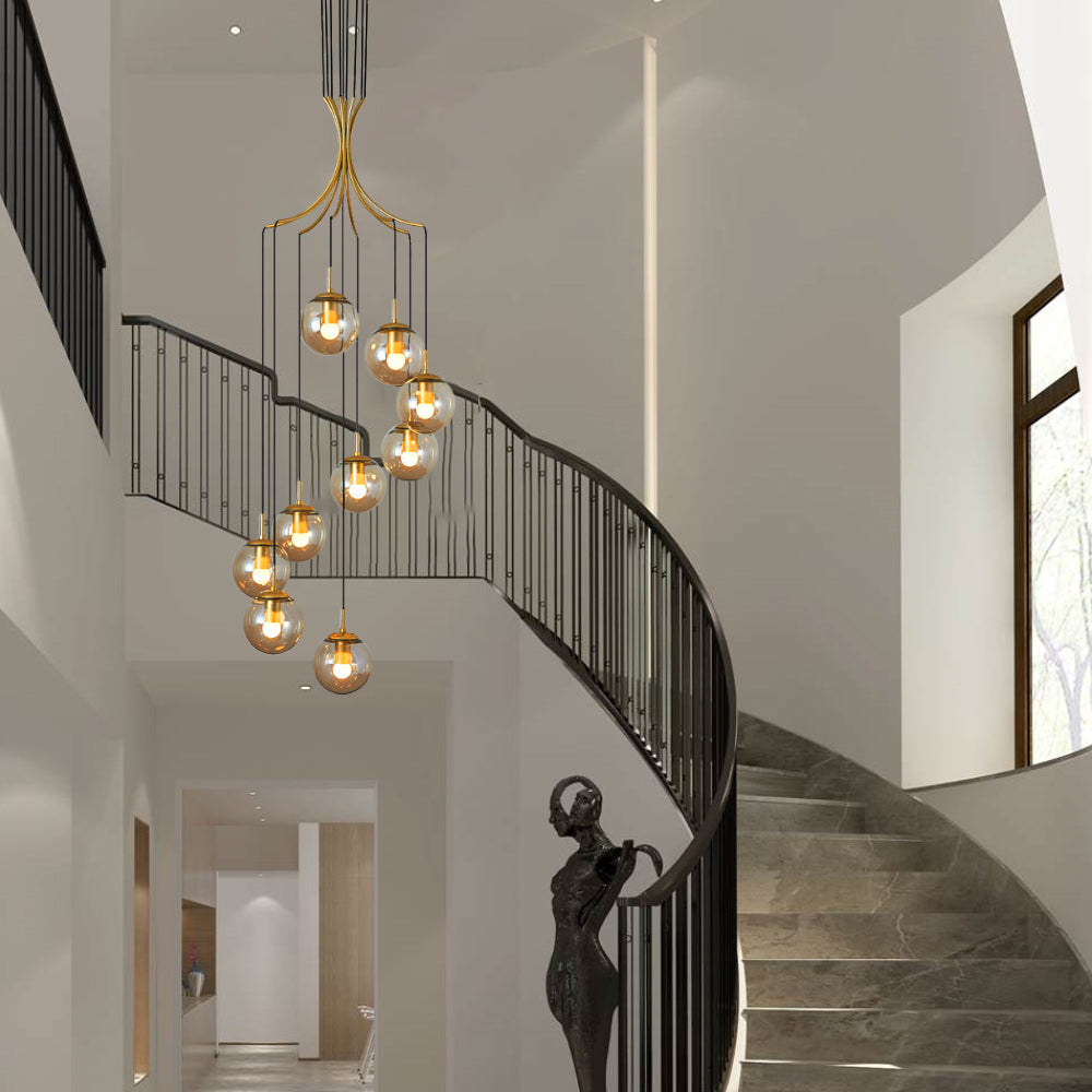Nordic Spiral Glass Globe Chandelier Luxury Gold Staircase Pendant Light