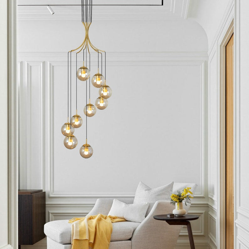 Nordic Spiral Glass Globe Chandelier Luxury Gold Staircase Pendant Light