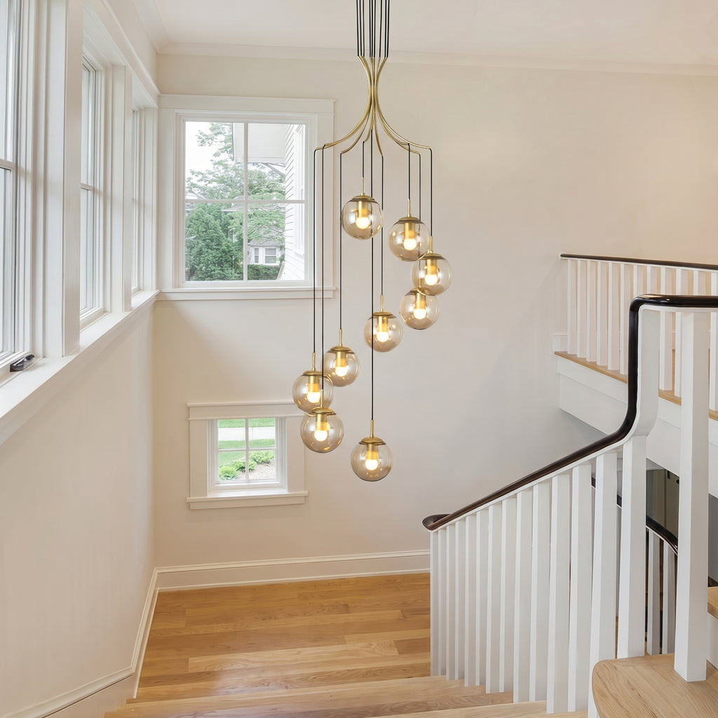 Nordic Spiral Glass Globe Chandelier Luxury Gold Staircase Pendant Light