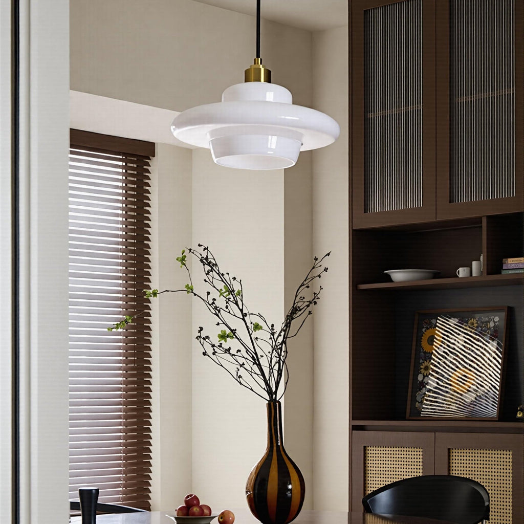 Mid-Century Milk Glass Pendant Light Opal Glass Saucer Lamp