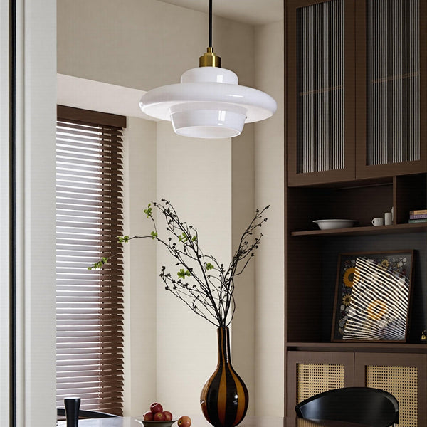 Mid-Century Milk Glass Pendant Light Opal Glass Saucer Lamp