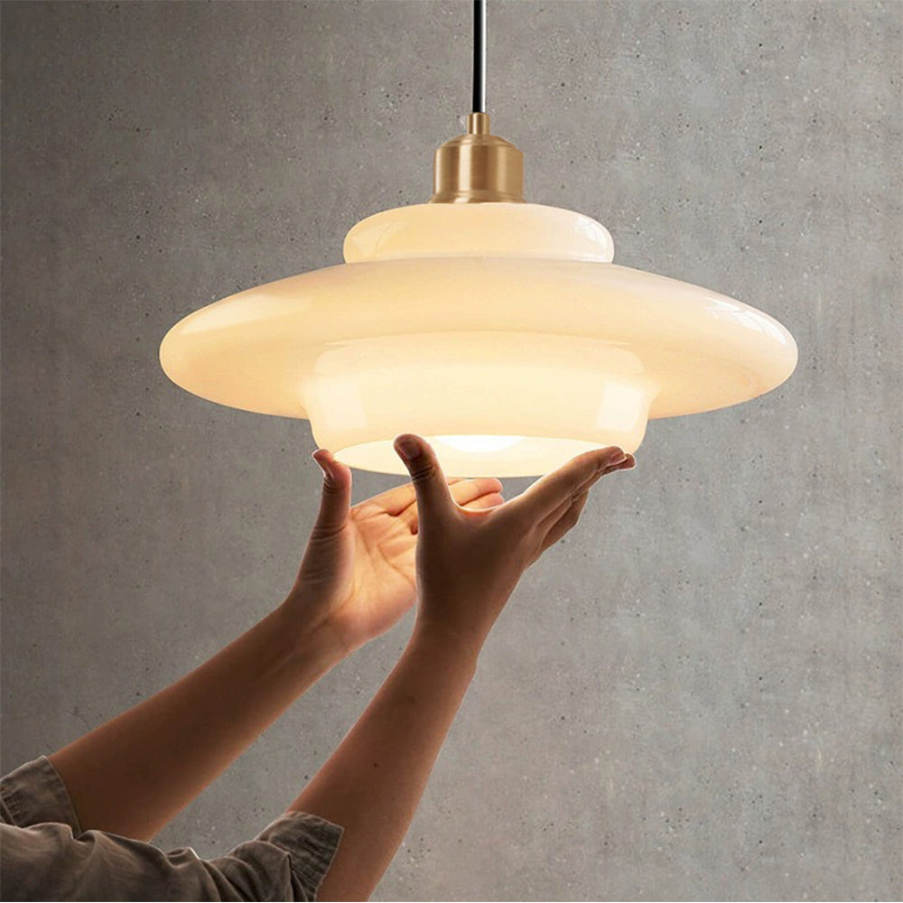 Mid-Century Milk Glass Pendant Light Opal Glass Saucer Lamp