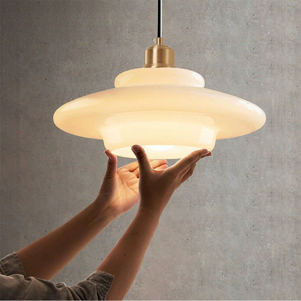 Mid-Century Milk Glass Pendant Light Opal Glass Saucer Lamp