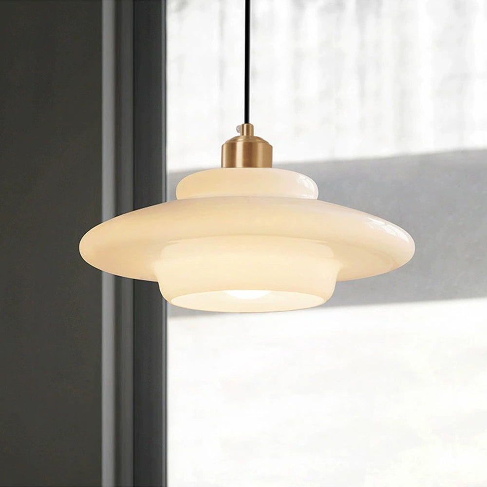 Mid-Century Milk Glass Pendant Light Opal Glass Saucer Lamp