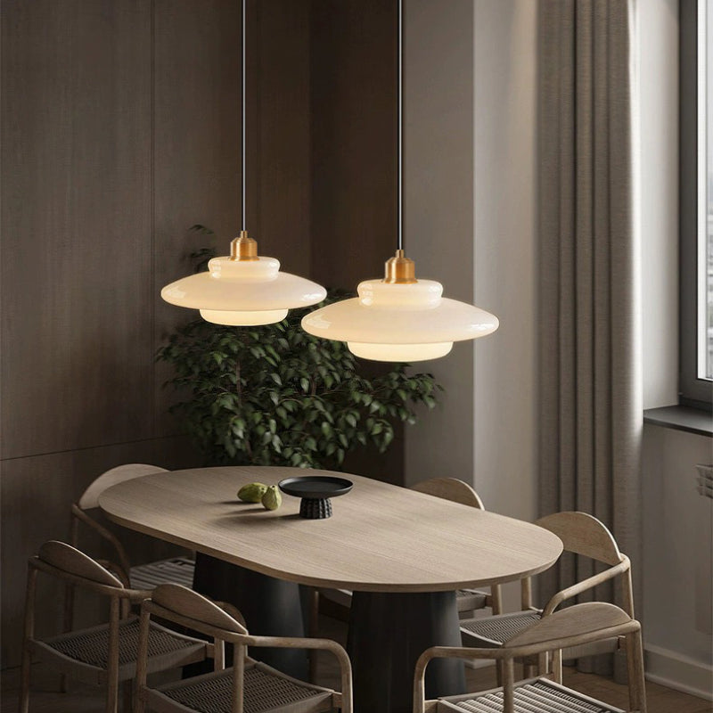 Mid-Century Milk Glass Pendant Light Opal Glass Saucer Lamp
