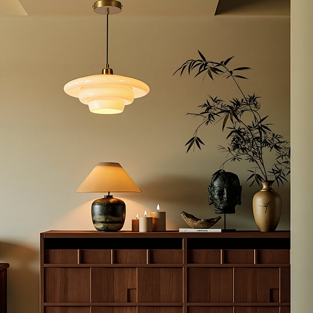 Mid-Century Milk Glass Pendant Light Opal Glass Saucer Lamp