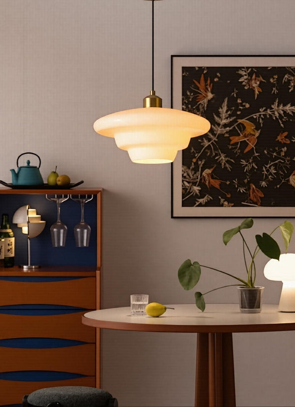 Mid-Century Milk Glass Pendant Light Opal Glass Saucer Lamp